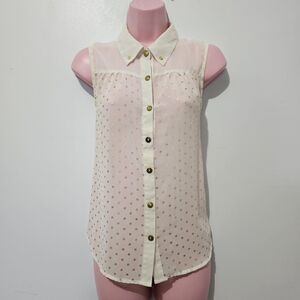 Mine -  Shirt Button Up Sheet Tank Back Slit - Size M - Cream Gold Polka Dot
